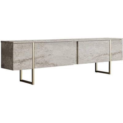 Vente-unique Tv-meubel met 2 deurtjes - Beige travertijnlook en goudkleurig - ZIRELDA