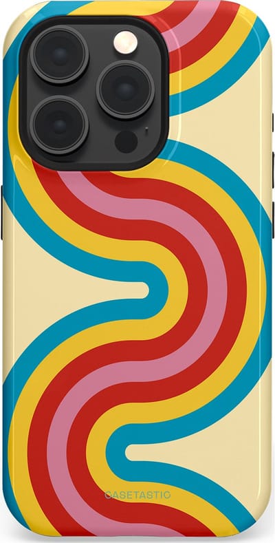 Casetastic hoesje geschikt voor Apple iPhone 15 Pro - MagSafe - Dubbellaagse bescherming - Retro kronkels - Fashion Case - Crème Lichtblauw Goud Rood