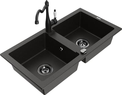 Mexen Mario granieten gootsteen met 2 koen met keukenmengkraan Carla, zwart/goud metallic - 6504-75-670700-70-B