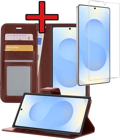 Hoesje - Met Screenprotector - Geschikt voor Samsung Galaxy S25 Ultra - Luxe Pasjeshouder - Flipcase - Bookcase Portemonee - Flip Case - Kunstleer Book Case - Book Cover - Walletcase - Portemonneehoes - Telefoonhoes - Bruin
