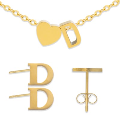 Initiaal Armband & Oorbellen set met Letter D Goudkleurig - Stainless Steel - Met letter & Hartje! - 2x Sieraden Cadeau - Pax Amare