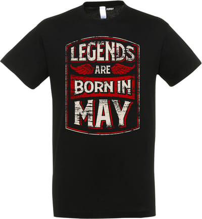 T-shirt Legends are born in May | Verjaardag shirt Mei | verjaardag cadeau voor mannen | Zwart | maat XS
