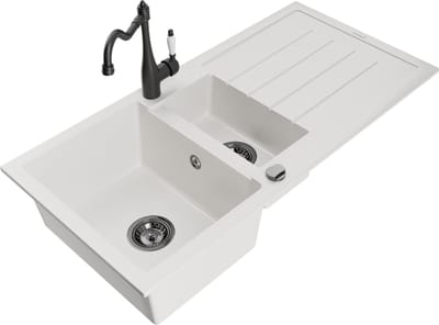 Mexen Andres granieten spoelbak 1,5-komoriig met druiprek en keukenkraan Carla, wit - 6515-20-670700-70