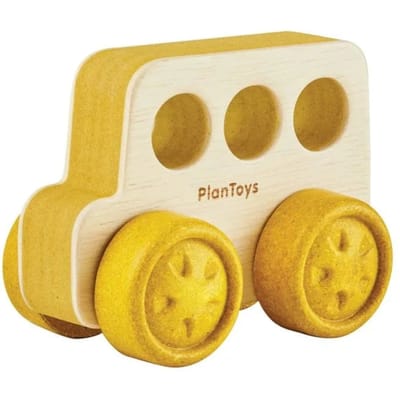 PlanToys Houten Bus geel Baby- en peuterspeelgoed Houten speelgoed