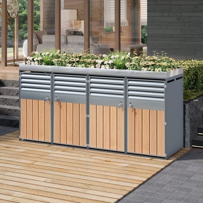 MIVRAY Mülltonnenkast Vierdelig Met Plantenbak Verzinkt Staal Grijs Houtlook Voor Buitenopslag En Tuindecoratie