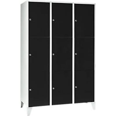 Vakkenkast 400 mm, 3 compartimenten, 9 vakken, veiligheidscilinderslot, poot, diepzwart