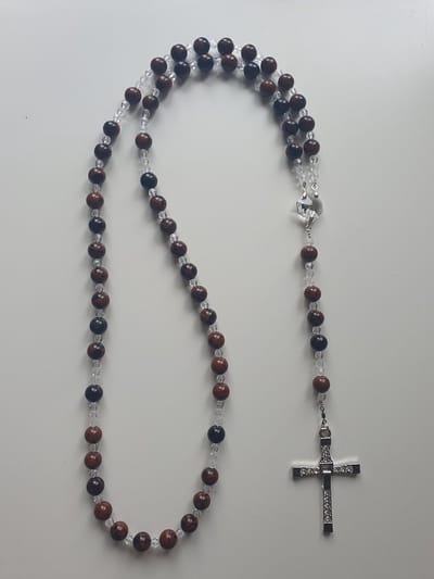 Rozenkrans, Paternoster gemaakt met Bruine Obsidiaan ( halfedelsteen ) en Kristallen van o.a. kristallen van Swarovski, gebedssnoer, rozenkransgebed, kruisteken, Meditatie, spiritueel, geloof, geloofsteken, gebedsketting, kerstpakket