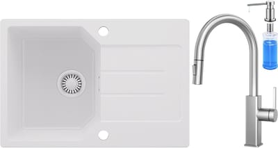 Anycee MAX Spoelbak Keuken Wit - Granieten Spoelbak 65x45CM - Spoelbakken Keuken Met Keukenkraan Met Uittrekbare Uitloop en Zeepdispenser - Spoelbakken Met Afdruip - Opbouw Spoelbak