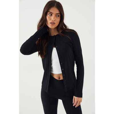 Dames DSGN Studio Ultra Sculpt Geribbelde Doorknoop Top met Lange Mouwen | Zwart | Maat: XS