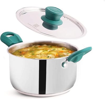 Roestvrijstalen braadpan - Voorraadpot - Gezond Koken - 3-laags bodem - 1.5 Liter - Zilver en Groen