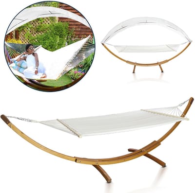 Hangmat met Houten Frame – Inclusief Zonnedak – 210 × 150 cm – Max. 200 kg – Voor Tuin, Terras en Balkon – Hangmatten met standaard
