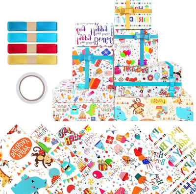 Dailygoods- Cadeaupapier Verjaardag - Cadeaupapier Kinderen - Dinosaurus Motief - Set van 8 Stuks - 50 x 70 cm - Inclusief Strik en Plakband - Verpakking