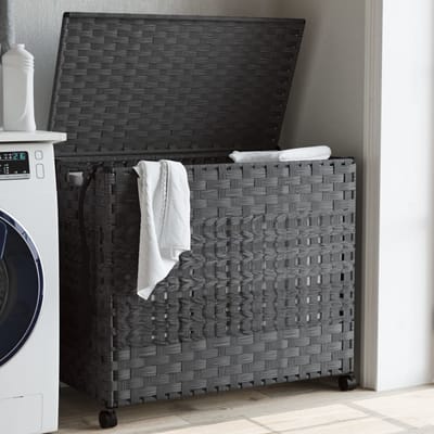 vidaXL - Wasmand - op - wielen - 66x35x60 - cm - rattan - grijs