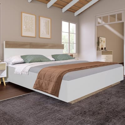 DESMIU Zwevend Bed 160x200 cm – Met Hoofdbord En Lattenbodem – Comforthoogte Voor Gemakkelijk Instappen – Voor Slaapkamer – Hout – Wit Met Eiken – Zonder Matras