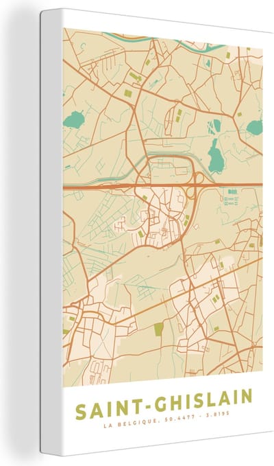 Canvas Schilderij Plattegrond - Kaart - Vintage - Stadskaart - Saint-Ghislain - 20x30 cm - Wanddecoratie