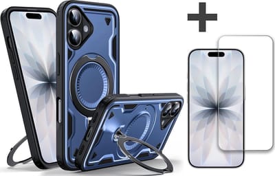 Hoesje Geschikt voor iPhone 17 met gehard glas Screenprotector - Armor hoes met Ringhouder - Arara backcover - Donker Blauw
