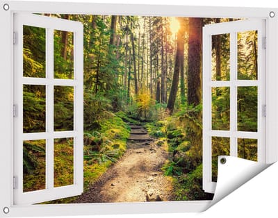 Gards Tuinposter Doorkijk Voetpad in het Bos - 90x60 cm - Tuindoek - Tuindecoratie - Wanddecoratie buiten - Tuinschilderij