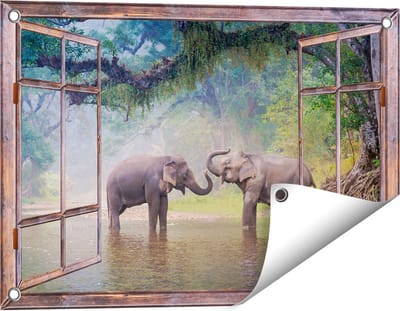 Gards Tuinposter Doorkijk Twee Olifanten in het Water - 60x40 cm - Tuindoek - Tuindecoratie - Wanddecoratie buiten - Tuinschilderij