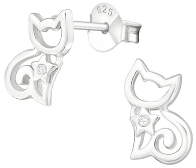 Joy|S - Zilveren kat poes oorbellen - 9 x 10 mm - met  zirkonia in ster