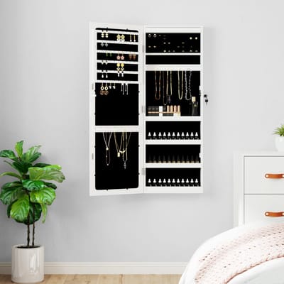 vidaXL - Sieradenkast - met - spiegel - en - LED - wandgemonteerd - wit