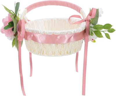Bruidsmand met Bloemen Decoratie - Rieten Mandje Bloemenmeisje - Bruiloft Versieren - Rustieke Boho Stijl - 30x24x20 cm - Roze