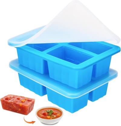 Set van 2 extra grote siliconen vriesbakjes, 4 vakken, soep, ijsblokjesvorm met deksel, voedselveilige soepen, vriescontainer voor 125 ml, 250 ml, bouillonresten, saus, meal prep (blauw)
