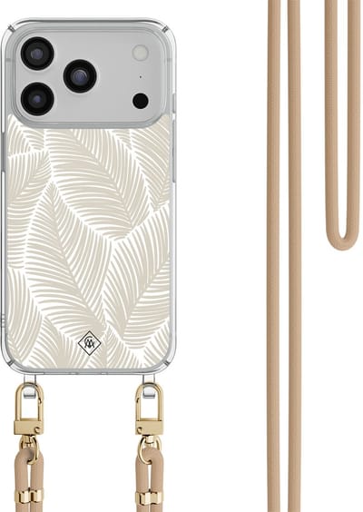 Casimoda® hoesje met beige koord - Geschikt voor iPhone 17 Pro Max - Palm Leaves Beige - Afneembaar koord - TPU/polycarbonaat - Bruin/beige