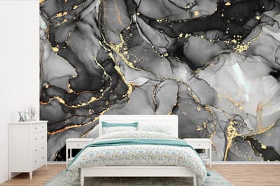 Behang - Fotobehang Marmer - Zwart - Goud - Grijs - Breedte 330 cm x hoogte 220 cm