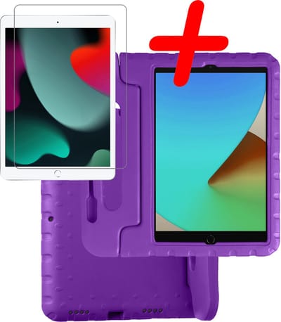 Hoesje Geschikt voor Apple iPad 7 (2019) - 10.2 inch - 7e Generatie - Met Screenprotector - Kinderhoes Shockproof Bumper - Kidsproof Case - Tablet Hoes - Kinder Hoes Cover - Paars