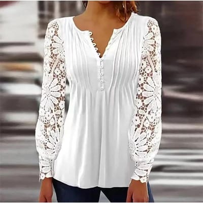 Nieuwe Lente Dames Elegant Kant Lange Mouw Bloemen Gedrukt T-shirt Zomer Slanke V-hals Knop Shirts Mode Casual Plus size Top S-5XL XXL wit