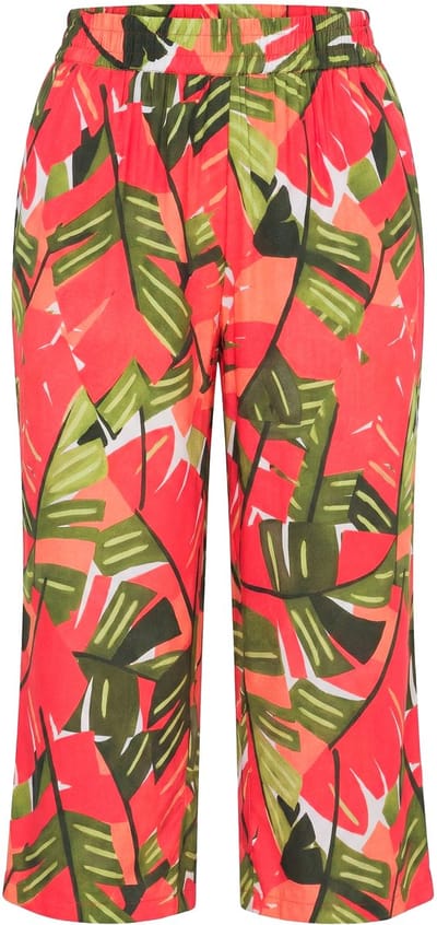 Ulla Popken - Dames - Culotte Rose palmbomen wijde pijp elastische tailleband - Roze - Maat 46+