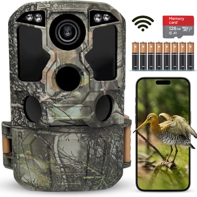 Koocare® Wildcamera met Nachtzicht en WiFi voor Buiten – No Glow Wildlife Camera – 4K Ultra HD & 64MP – Incl. 128GB SD Kaart, Tripod, Batterijen en NL Handleiding