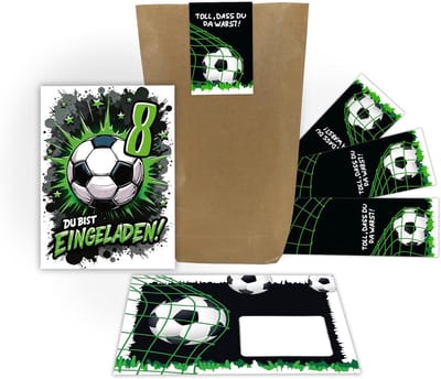 Uitnodigingskaarten Voetbal - Verjaardagsuitnodigingen Kinderfeest - Feestelijke Viering - Inclusief Enveloppen Zakken Stickers - A6 Formaat