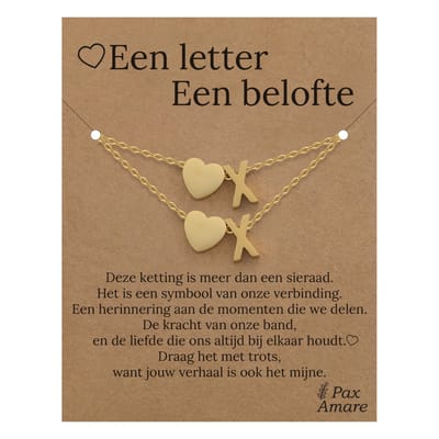 Letter X ketting + armband set op Cadeau Kaartje - Een letter, een belofte - Goudkleurig Stainless Steel - Initiaal & Hartje Hanger - Pax Amare