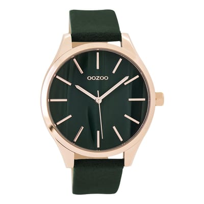 OOZOO Timepieces - Rosé goudkleurige horloge met donker groene leren band - C9503