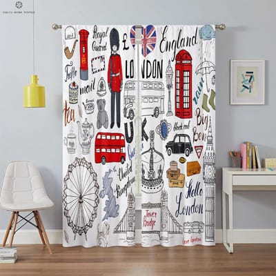 Amerikaanse Retro Architectuur 3D Print Gordijn, Zwart en Wit, Rode Postbus, Slaapkamer, Woonkamer, Werkkamer, Decoratief, Kwaliteit W50xH130(CM)x2PCS&Grommet Top