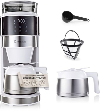 Barista-filterkoffiezetapparaat met instelbare molen (Pro Design) | Warmhoudfunctie, 24-uurs timer & permanentfilter | Voor 10 kopjes koffie | Koffiezetapparaat voor bonen en gemalen koffie [Wit]