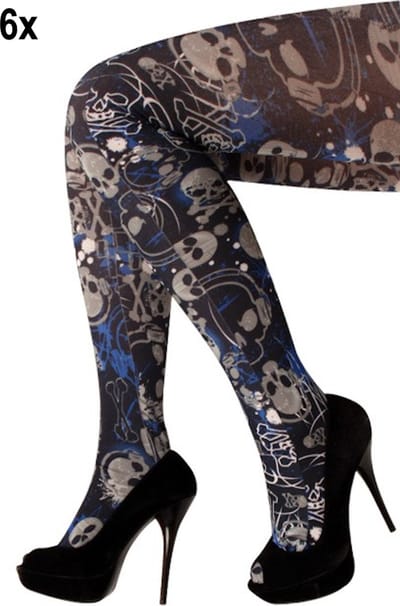 6x Panty zwart/wit/blauw met skeletten - Piraat griezel halloween thema feest festival piratenfeest
