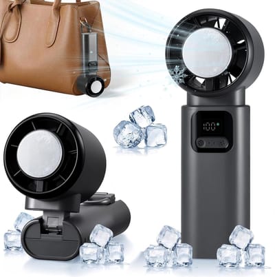 Zwart Draagbare Turbo Ventilator met Ijskoeling | 15000 RPM Krachtige Luchtstroom | 1-100 Snelheden LED Display | 90° Opvouwbaar USB-C Oplaadbaar | Mini Zakventilator voor Reizen Kamperen Kantoor en Buitenactiviteiten| Cyslmuk®