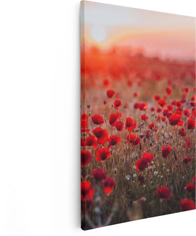 Artaza Canvas Schilderij Klaprozen - 40x60 cm - Wanddecoratie Bloemen - Muurdecoratie Zonsondergang - Decoratie Veld