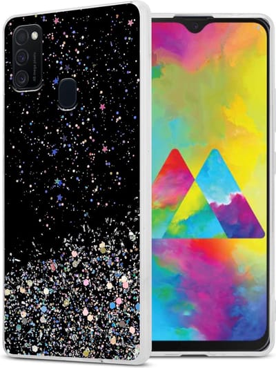 Cadorabo Hoesje geschikt voor Samsung Galaxy M21 / M30s in Zwart met Glitter - Beschermhoes van flexibel TPU silicone met fonkelende glitters Case Cover Etui
