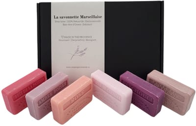 Soap bar cadeauset savon de marseille zeep Fruit de la passion, Rose, unicorn, patchouli, ambre boisee, kersenbloesem - brievenbus cadeau - geurend kado