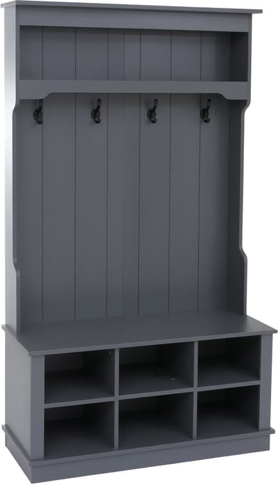 Garderobekast MCW-P26, halgarderobekast, houten garderobekast met zitbank, 4 haken, opbergvak, melamine, 170 x 100 x 39 cm ~ donkergrijs