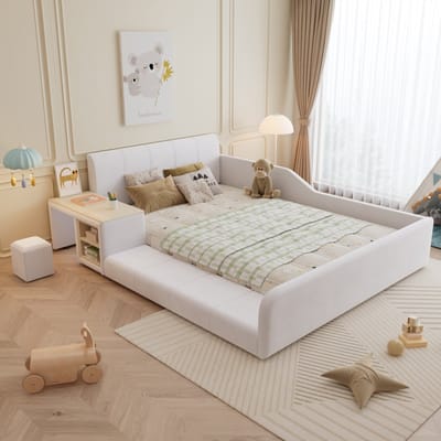 Gestoffeerd bed - 140x200cm - Kinderbureau met kruk en opbergplank, zacht hoofdbord - multifunctioneel, lattenbodem - fluweel + hout - wit