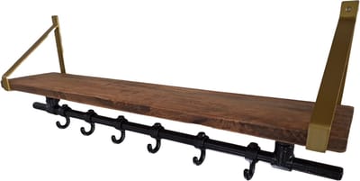 Hoexs - Wandkapstok Industrieel - Mangohout - Kapstop met Bovenplank - Stalen Plankdragers Goud- 70 Cm - 6 Haken - Inclusief Bevestigingsmateriaal - Decoratie
