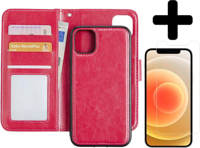 Hoesje - 2 in 1 - Geschikt voor Apple iPhone 12 - Met Screenprotector - En Uitneembare Hard Cover - Bookcase - Wallet Case - Met Pasjeshouder - Book Case - Uitneembaar - Pashouder - Kunstleer - Telefoonhoesjes - Donkerroze