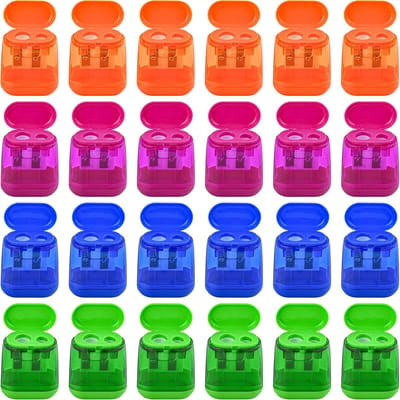 Set van 24 puntenslijpers - Puntenslijper voor kinderen - Handmatige puntenslijper - Puntenslijper met dubbel gat - Kunststof met deksel - Geschikt voor school, kantoor en thuis - Willekeurige kleuren