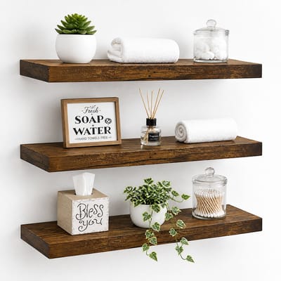 Zwevende Wandplanken Set van 3 Houten Muurplanken 41×17×2,8 cm Lichtbruin – Draagkracht 5 kg per Plank – Inclusief 15 Schroeven & 6 Metalen Beugels – Wandrek Boekenplank Decoratie Opbergrek – Voor Woonkamer Slaapkamer Keuken Badkamer & Hal