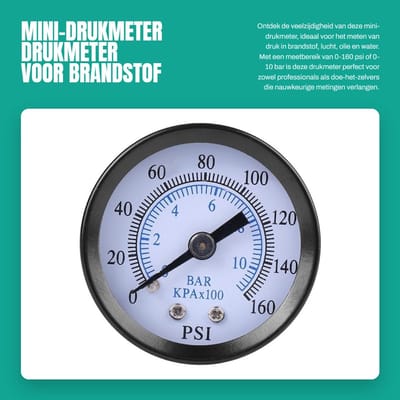 Dailygoods- Drukmeter Mini 40mm - 1/8" NPT - Dubbele schaal bar/psi - Metalen behuizing - Handig formaat - Duidelijke nummermarkeringen - Manometer