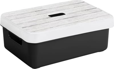 Sunware opslagbox - 9 liter - zwart - kunststof - 35 x 25 x 12 cm - met afsluitbare deksel in houtnerf print